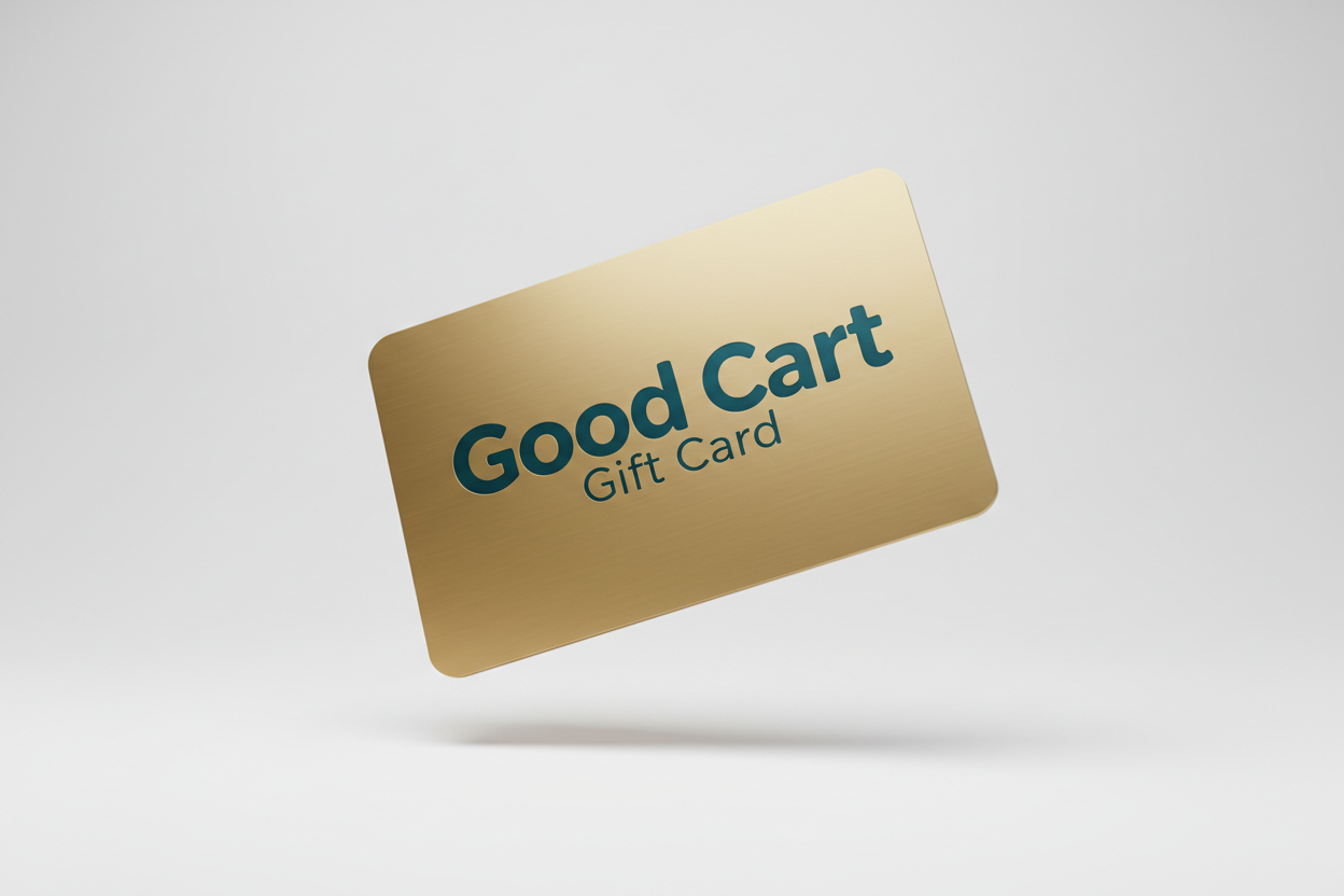 a 3d gift card that says "Good Cart Gift Card" on it, the gift card is floating with a white background